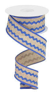 1.5"x10yd Ricrac, Wavy Pattern Over Light Beige on Royal Burlap, Light Beige/Royal Blue  MY38