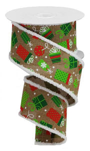 2.5"x10yd Christmas Presents On Royal Burlap w/Snowdrift, Tan/White/Lime/Red/Emerald  1AD
