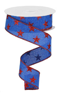 1.5"x10yd Glitter Stars On Royal Burlap, Royal Blue/Red Glitter  F36 ***OUT FOR THE SEASON***