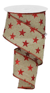 2.5"x10yd Glitter Stars On Royal Burlap, Light Beige/Red  MA81