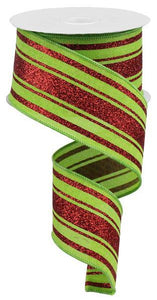 2.5"x10yd Glitter Farmhouse Stripe, Lime Green/Red  B16