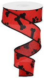 1.5"X10YD Dog Bone Paw Print On Royal, Red/Black - KRINGLE DESIGNS