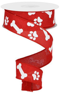 1.5"X10YD Dog Bone Paw Print On Royal, Red/White - KRINGLE DESIGNS