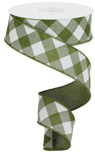 1.5"x10yd Diagonal Check On Royal Burlap, Moss Green/White  RR OC29