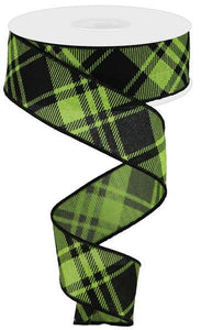 1.5"X10yd Diagonal Stripe/Check On Royal, Lime Green/Black - KRINGLE DESIGNS