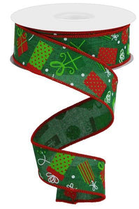 1.5"X10yd Christmas Presents On Royal, Emerald/White/Lime/Red - KRINGLE DESIGNS