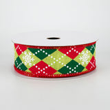 1.5"x10yd Argyle Snowflakes On Royal, Lime Green/Red/Emerald/White  FF20D
