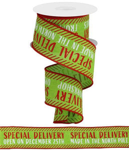 2.5"x10yd Special Delivery On Royal Burlap, Lime/Red  A1D