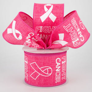 2.5"x10yd Fight Cancer On Royal Burlap, Hot Pink/White  MA85