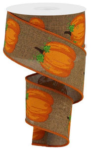 2.5"x10yd Pumpkins With Leaves On Royal Burlap, Brown/Orange/Moss ***ARRIVING SUMMER 2023***