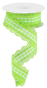 1.5"x10yd Scalloped Edge Gingham Check, Lime Green/White w/Lime Green  FB3