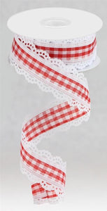 1.5"x10yd Scalloped Edge Gingham Check, Red/White w/White  FB3