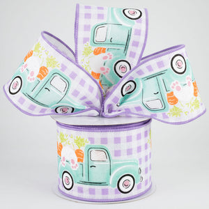 2.5"x10yd Truck w/Bunny And Carrots On Check Burlap, Lavender/White/Pink/Orange/Green/Black  F30
