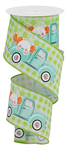 2.5"x10yd Truck w/Bunny And Carrots On Check Burlap, Lime/White/Pink/Orange/Green/Black  F40