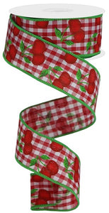 1.5"x10yd Cherries On Gingham Check, Red/White/Green  J36