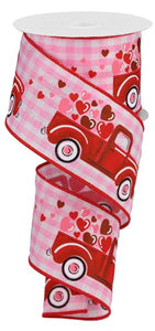 2.5"x10yd Truck w/Hearts On Gingham Check, Light Pink/White/Red/Pink  FF92