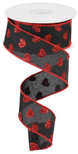 1.5"x10yd Small Glitter Hearts On Royal Burlap, Black/Red  ***OUT FOR THE SEASON***