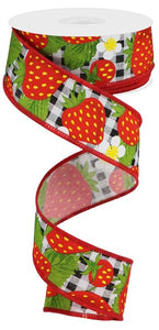1.5"x10yd Strawberries On Gingham Check, Black/White/Red/Green/Yellow  M42