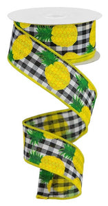 1.5"x10yd Pineapple On Gingham Check, Black/White/Yellow  M39
