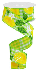 1.5"x10yd Lemons On Woven Check, Green/White/Yellow  B38