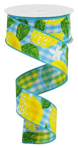 1.5"x10yd Lemons On Woven Check, Light Blue/White/Yellow/Green  FF1