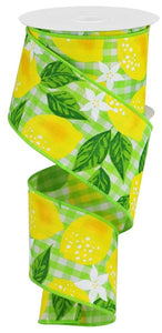 2.5"x10yd Lemons On Woven Check, Green/White/Yellow  MY46