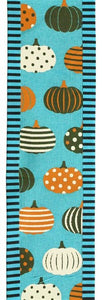 2.5"x10yd Pumpkins On Royal w/Striped Edge, Light Teal/Brown/Orange/Cream  B65 BT9