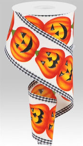 2.75"x10yd Jack-O-Lantern w/Check Edge, Ivory/Dark Orange/Yellow/Black  B86