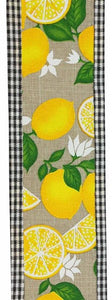 2.5"x10yd Lemon W/Leaves On Gingham, Natural/Yellow/Green/White  B62