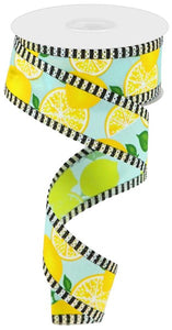 1.5"x10yd Lemons w/Leaves/Flowers And Border Stripe, Soft Turquoise/Yellow/Green/Black/White  B82