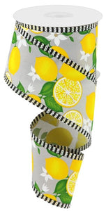 2.5"x10yd Lemons w/Leaves And Border Stripe, Light Grey/Yellow/Green/White  B71