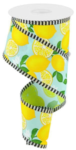2.5"x10yd Lemons w/Leaves/Flowers And Border Stripe, Soft Turquoise/Yellow/Green/Black/White  B83