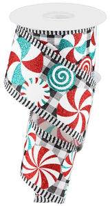 2.5"x10yd Peppermint On Gingham w/Border Stripes, Black/White/Turquoise/Red  ***ARRIVING SUMMER 2023***