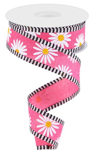 1.5"x10yd Daisy On Royal Burlap w/Stripes, Hot Pink/Black/White/Yellow/Orange  MY16