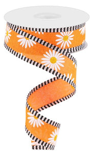 1.5"x10yd Daisy On Royal Burlap w/Stripes, New Orange/Black/White/Yellow/Orange  MY16