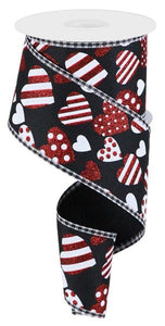 2.5"x10yd Valentine Hearts On Diagonal Weave w/Gingham, Black/White/Red  FF74