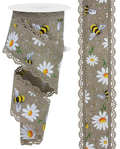2.5"x10yd Bumble Bees And Daisies On Linen w/Lace, Beige/White/Yellow/Green/Orange/Black  OC1