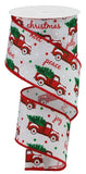 2.5"x10yd Christmas Trucks On Faux Royal Burlap, White/Red/Emerald Green  S56