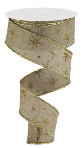 1.5"x10yd Retro Stars On Royal Burlap, Light Beige/Gold Glitter  B30