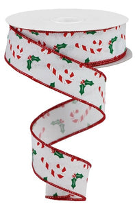 1.5"x10yd Candy Canes/Holly On Royal Burlap, White/Red/Emerald Green  ***ARRIVING FALL 2023***