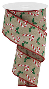 2.5"x10yd Candy Canes/Holly On Royal Burlap, Light Beige/White/Red/Emerald  RR G32