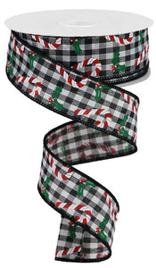 1.5"x10yd Candy Canes/Holly On Gingham, Black/White/Red/Emerald Green  FF47