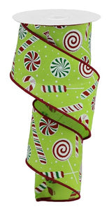 2.5"x10yd Candy Cane/Peppermint On Royal Burlap, Lime/Red/Green/White  B13