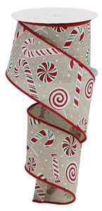 2.5"x10yd Candy Cane/Peppermint On Royal Burlap, Light Natural/Red/Green/White  B13