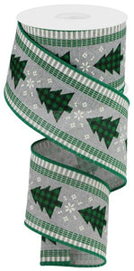 2.5"x10yd Christmas Tree On Check w/Stripes, Light Grey/Emerald Green/Black/Cream  FF50