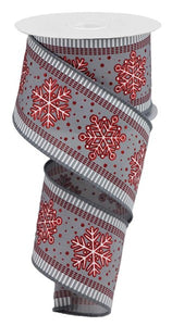 2.5"x10yd Snowflakes w/Stripes, Grey/White/Red Glitter ***OUT FOR THE SEASON***