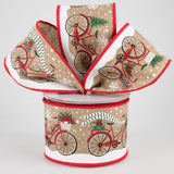 2.5"x10yd Christmas Bicycle On Royal Burlap, Light Beige/Red/White/Green/Black  1AD