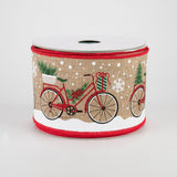 2.5"x10yd Christmas Bicycle On Royal Burlap, Light Beige/Red/White/Green/Black  1AD