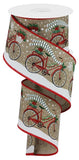 2.5"x10yd Christmas Bicycle On Royal Burlap, Light Beige/Red/White/Green/Black  1AD