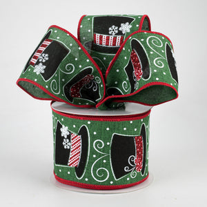 2.5"x10yd Snowman Hats On Royal Burlap , Emerald Green/Red/White/Silver/Black  G74D